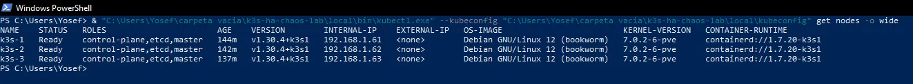Los tres nodos en Ready, cada uno con control-plane y etcd