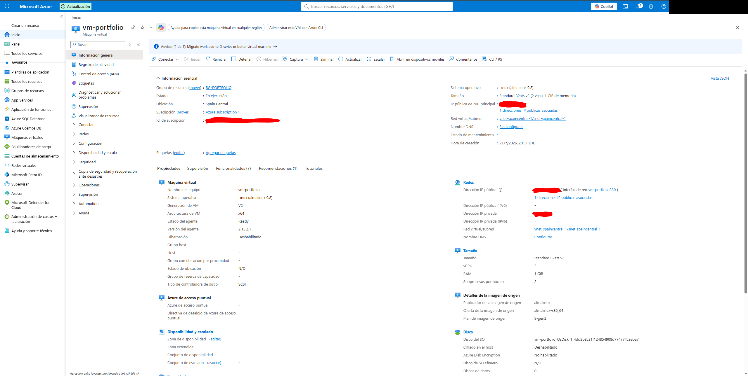 La VM en el portal de Azure, AlmaLinux 9 en Spain Central dentro del free tier