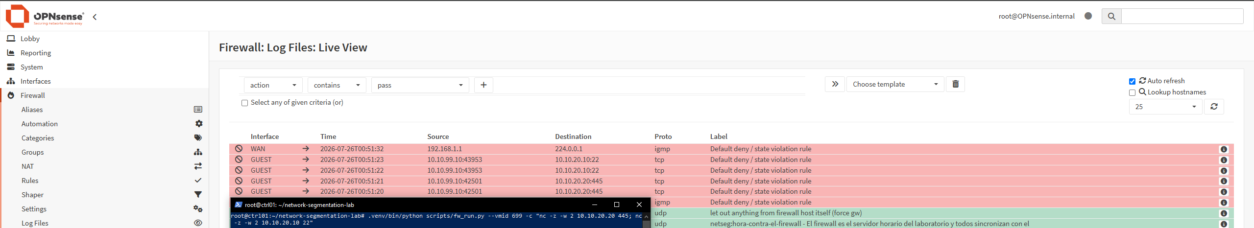 El log en vivo del firewall, con los intentos de invitados hacia SSH y Samba de servidores en rojo