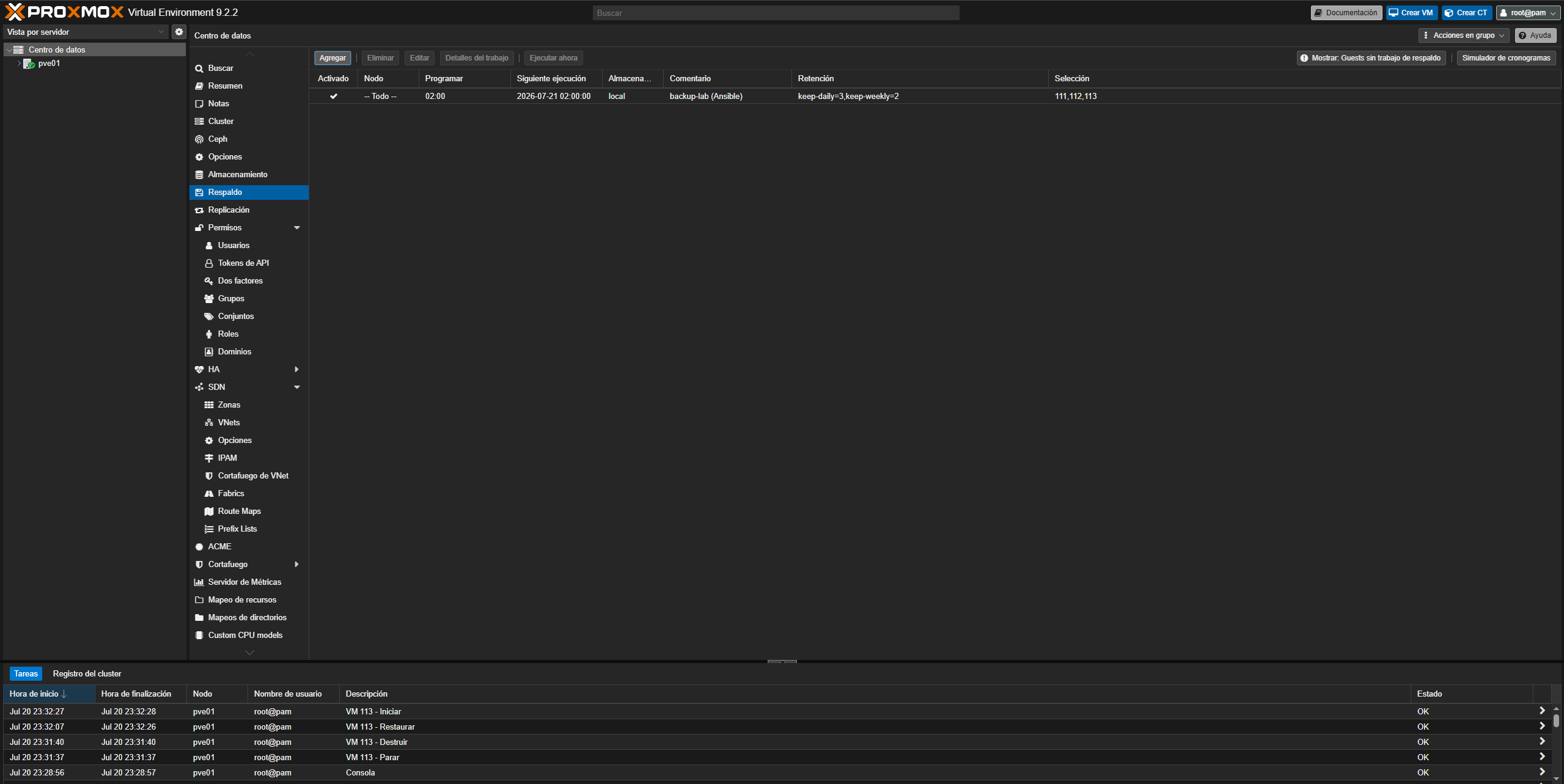 Job de vzdump diario sobre las tres VMs